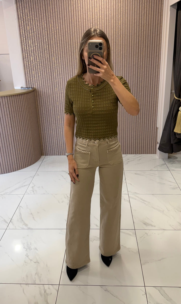Loretta Pistachio Pearl Embellished Knit Top
