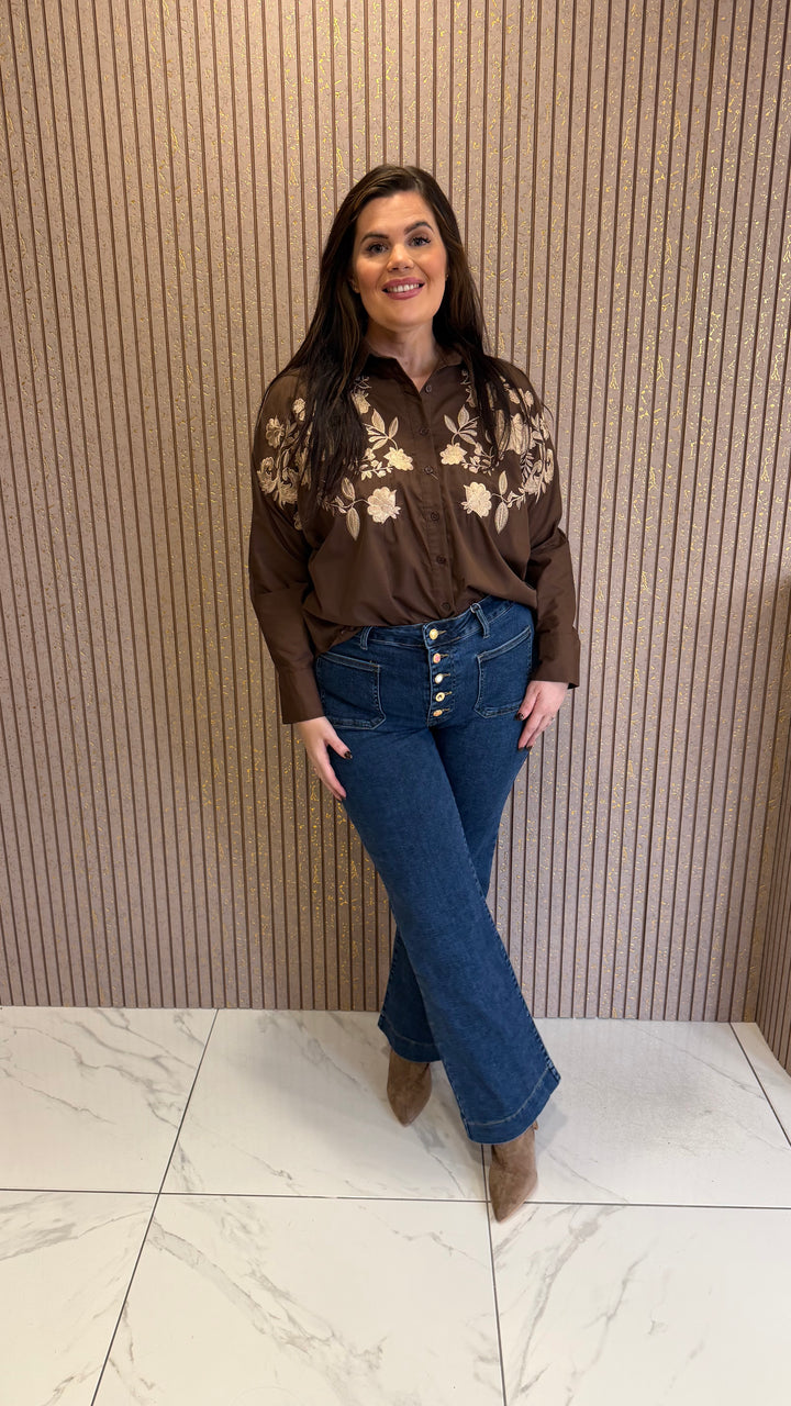 Betsy Chocolate Floral Embroidered Shirt/Blouse
