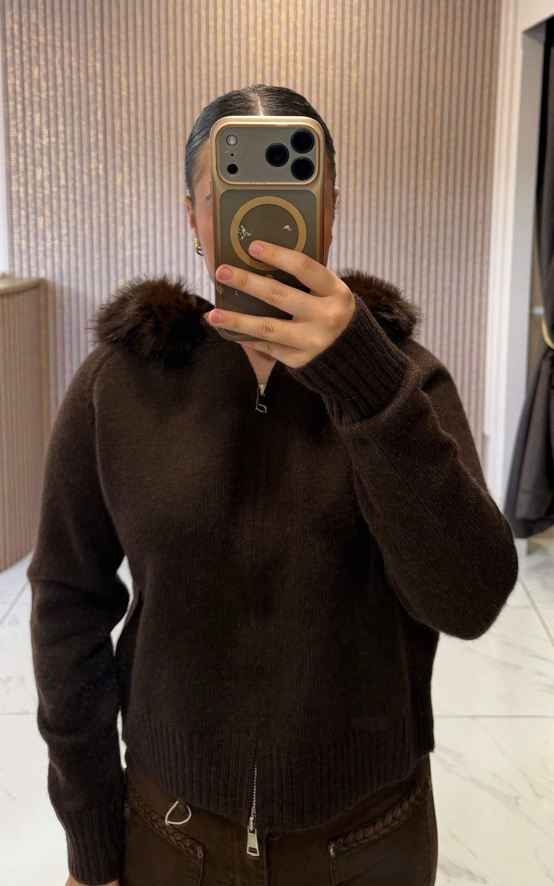 Eliza Chocolate Faux Fur Hooded Zip Up Cardigan