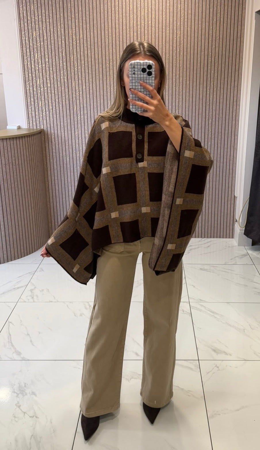 Arabella Chocolate Check Knit Poncho/Cardigan/Cape