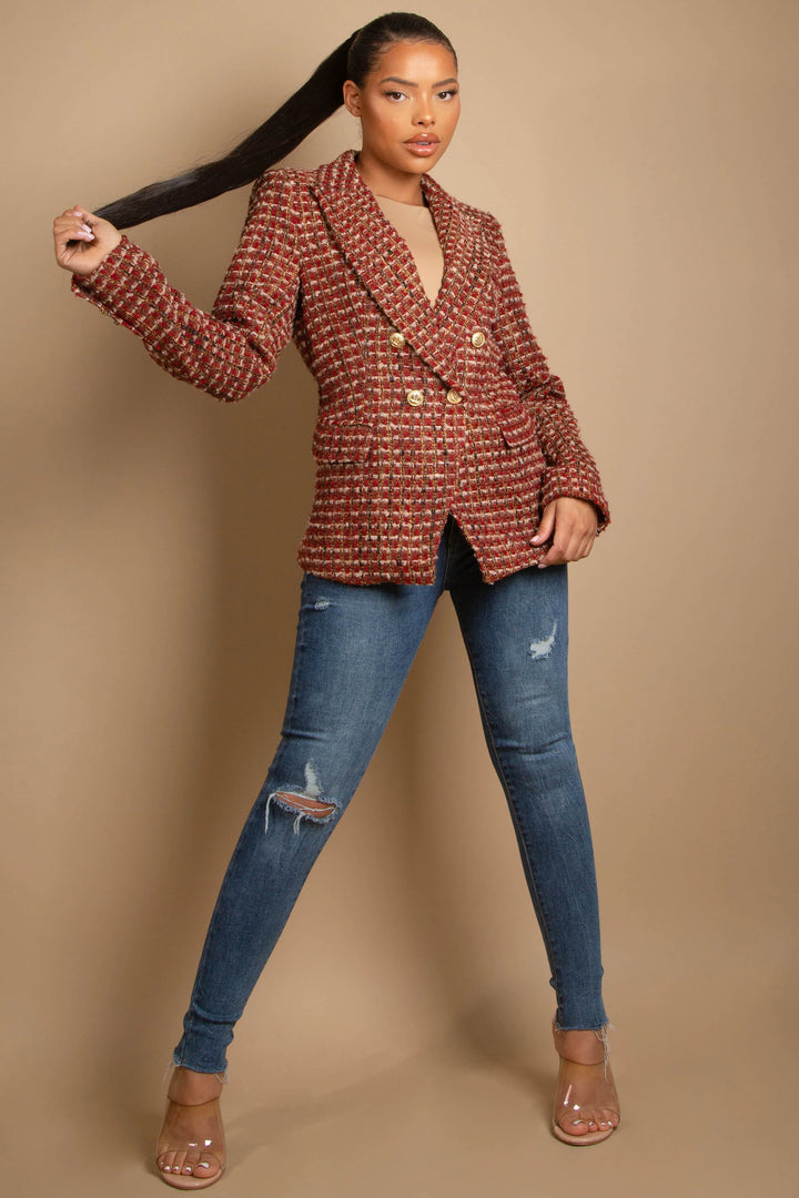 Joanna Wine/Burgundy Tweed Blazer With Gold Buttons