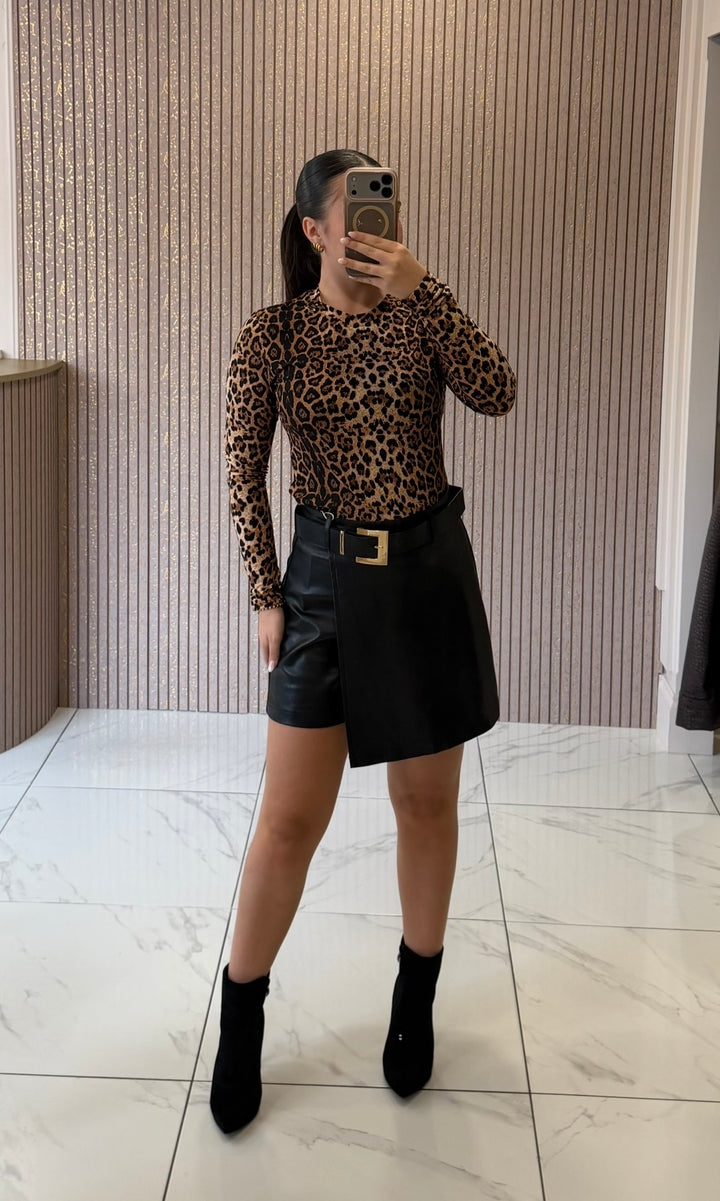 Sienna Black Faux Leather Belted Skort