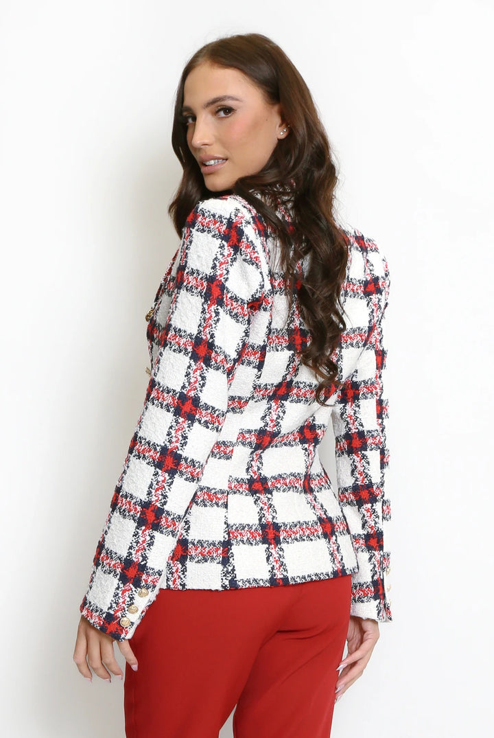 Grace Red Tweed Blazer With Gold Buttons