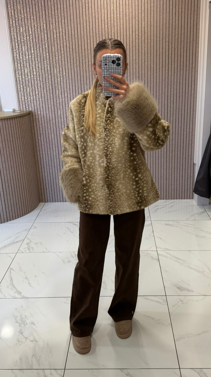 Maya Cream Deer Print Faux Fur Coat/Jacket