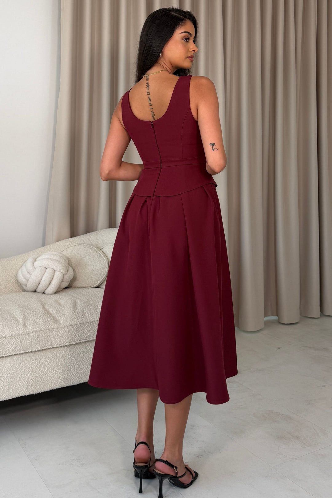 Pearl Bow Detail Midi Dress Berry