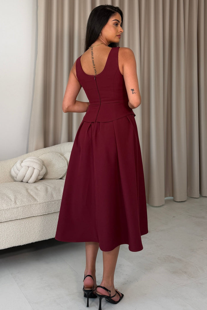 Pearl Bow Detail Midi Dress Berry