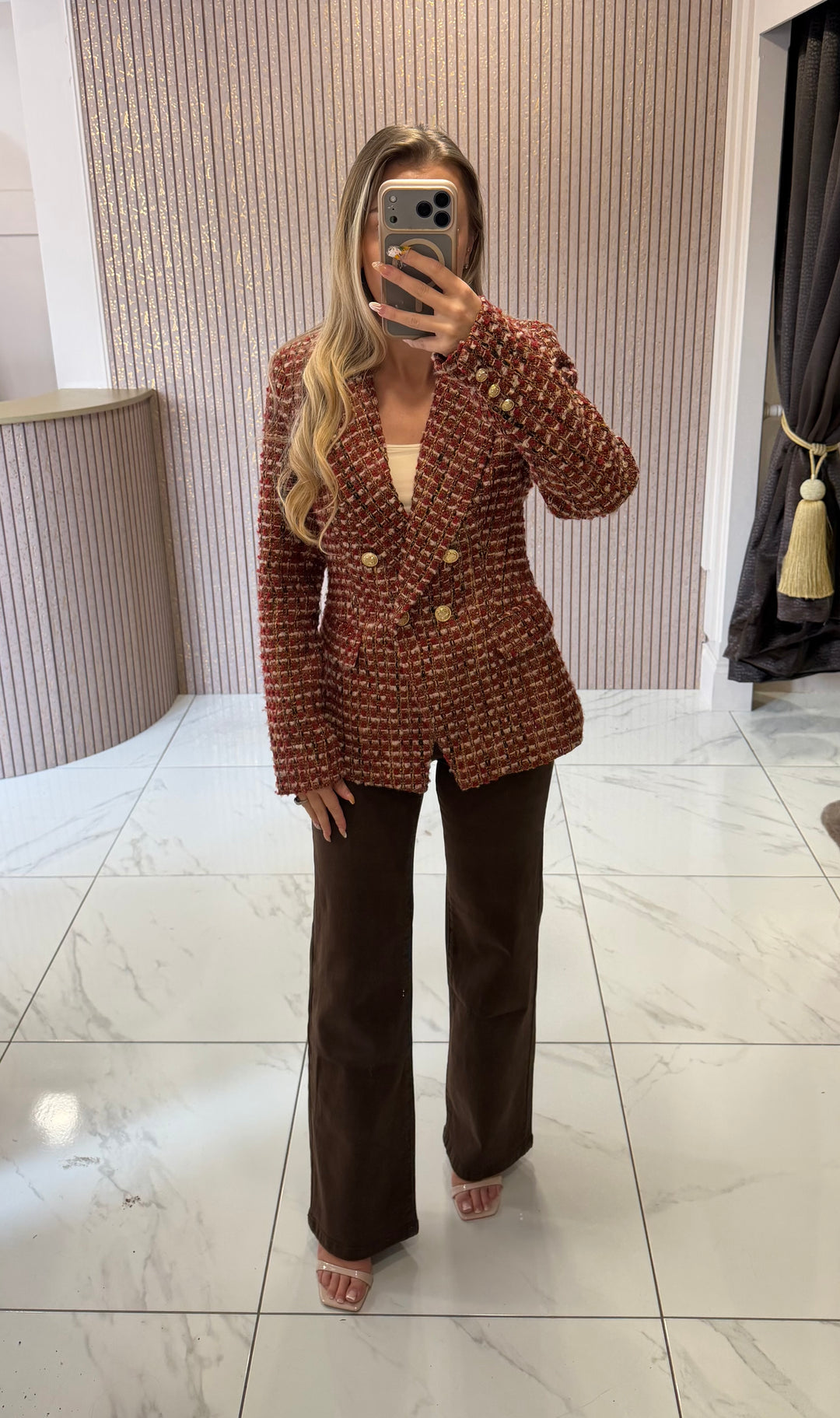 Joanna Wine/Burgundy Tweed Blazer With Gold Buttons