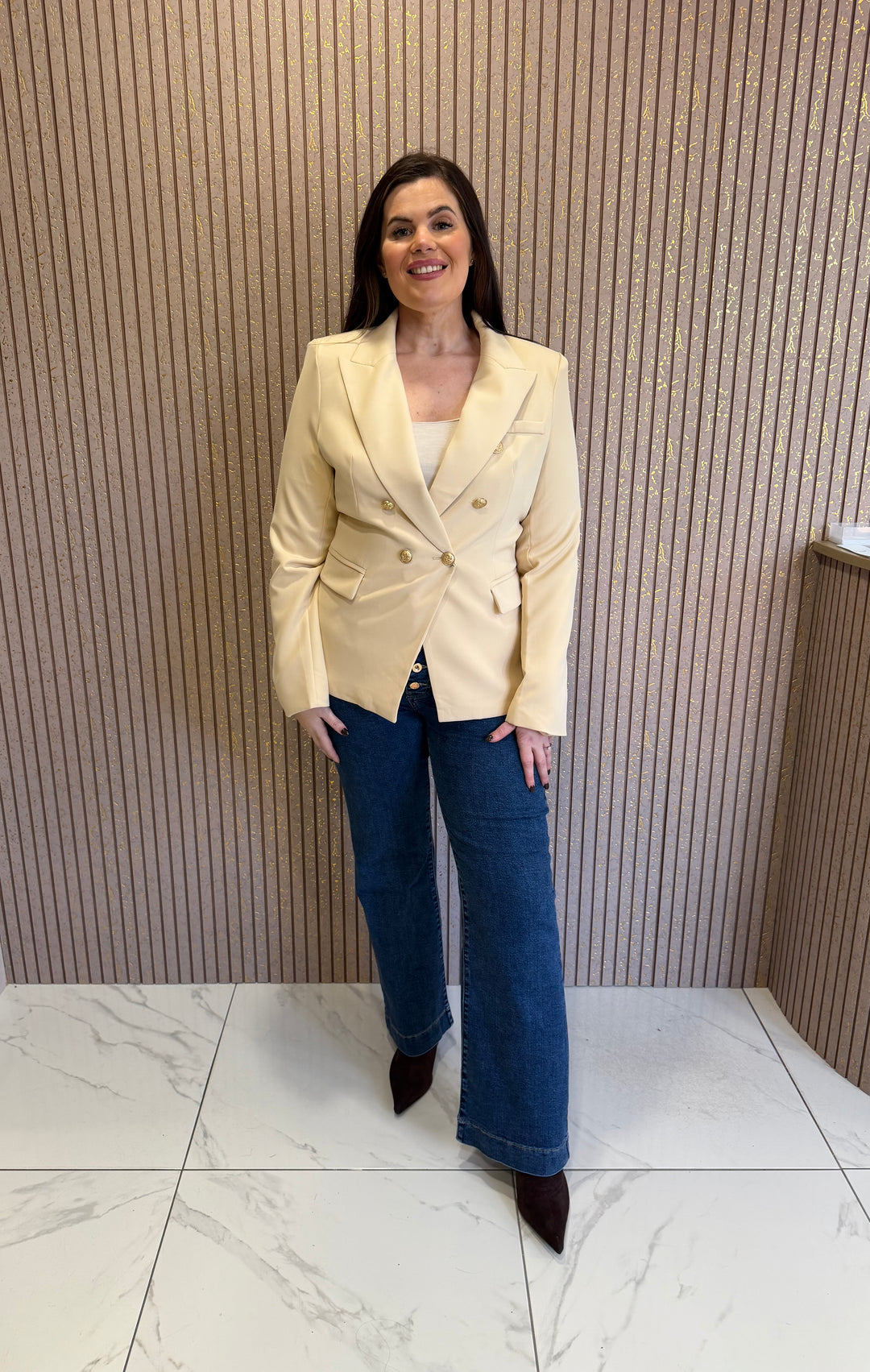 Alena Cream Gold Button Double Breasted Blazer