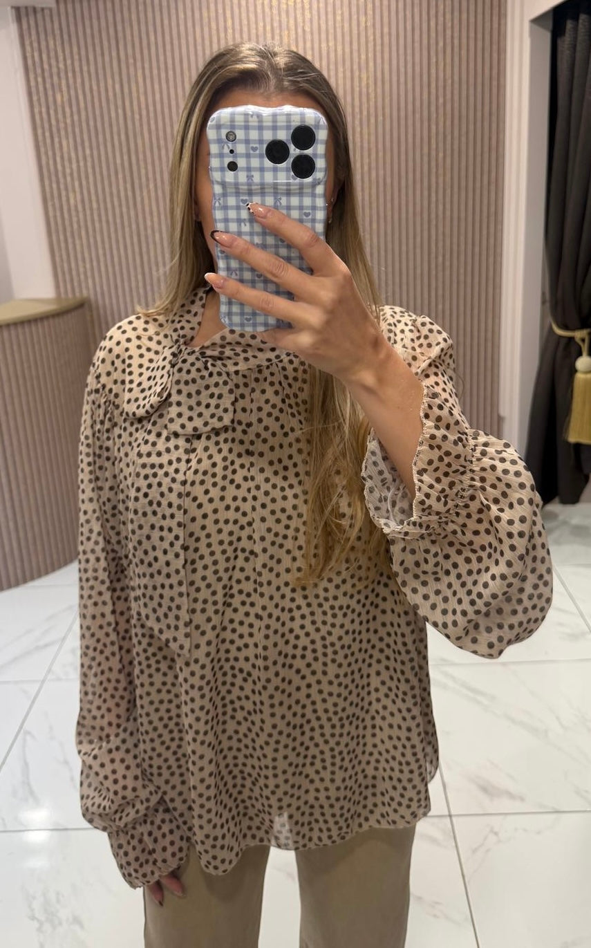 Marnie Cream Polka Dot Print Bow Blouse