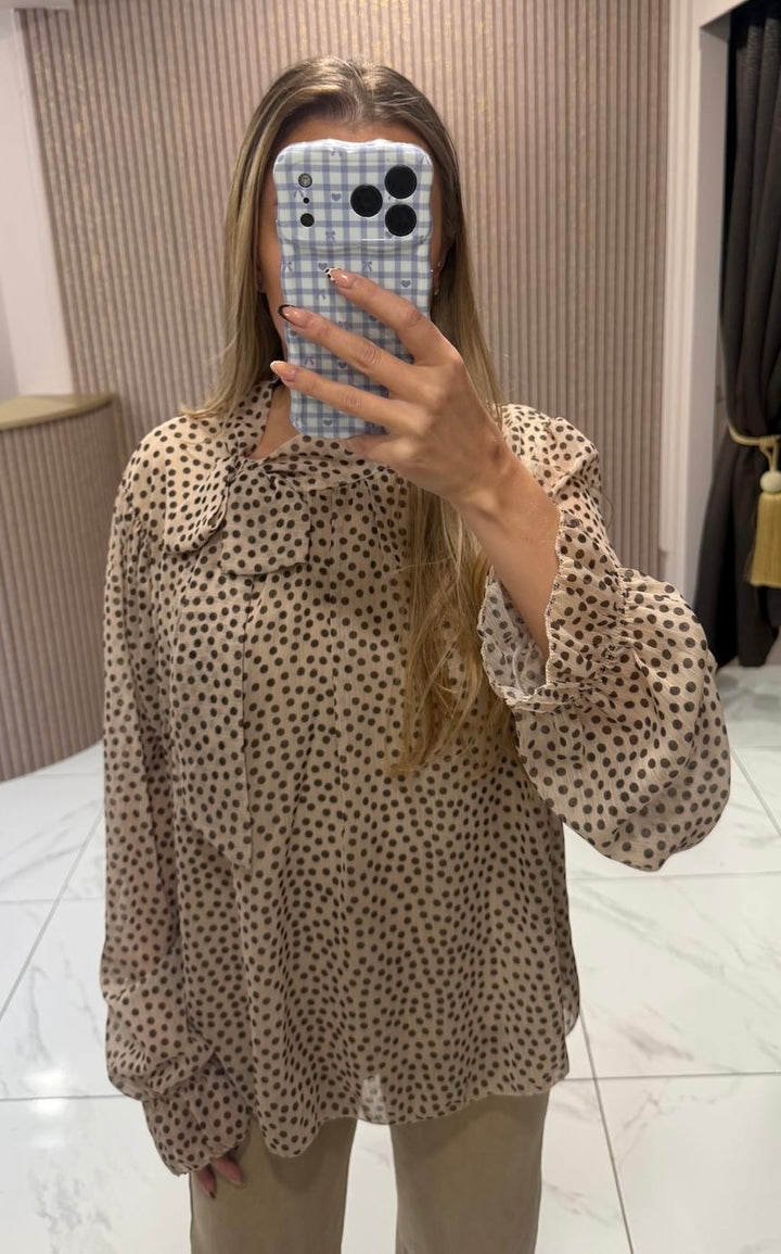 Marnie Cream Polka Dot Print Bow Blouse
