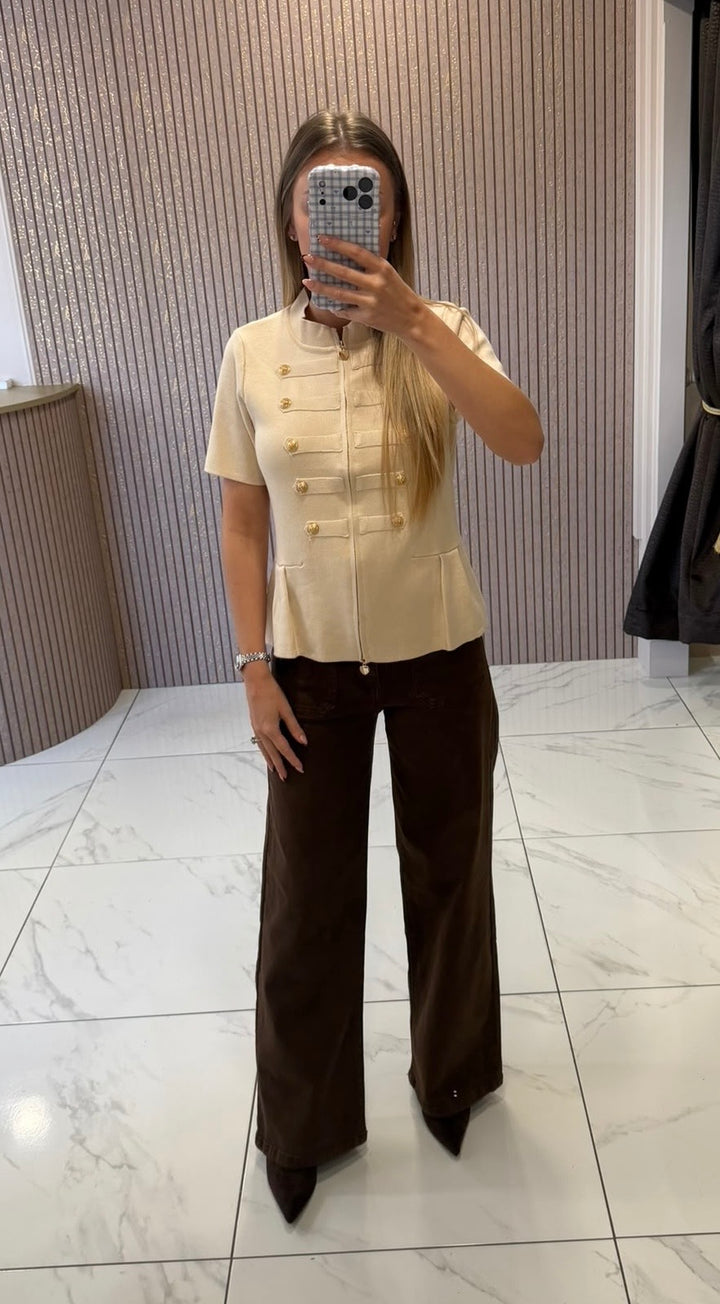 Amber Cream Zip Up Gold Statement Button Knit Top