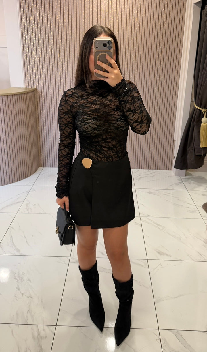 Ivy Black Wrap Skort With Gold Circular Buckle