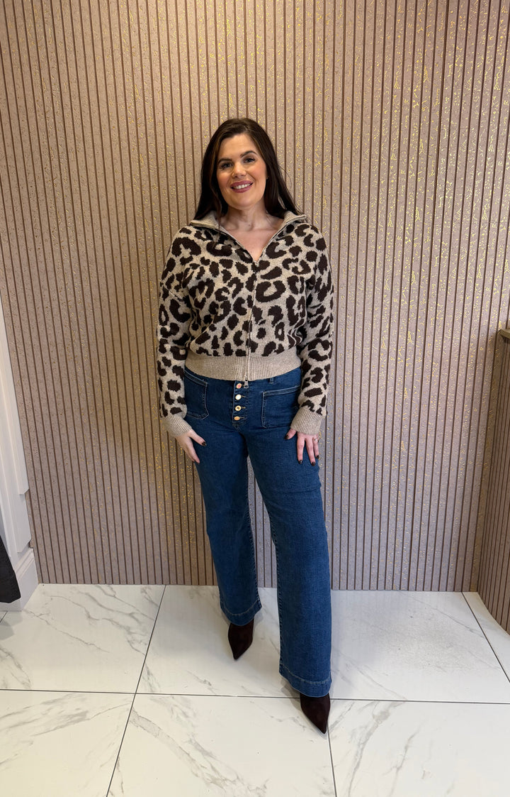 Aurora Taupe Leopard Print Zip Up Cardigan