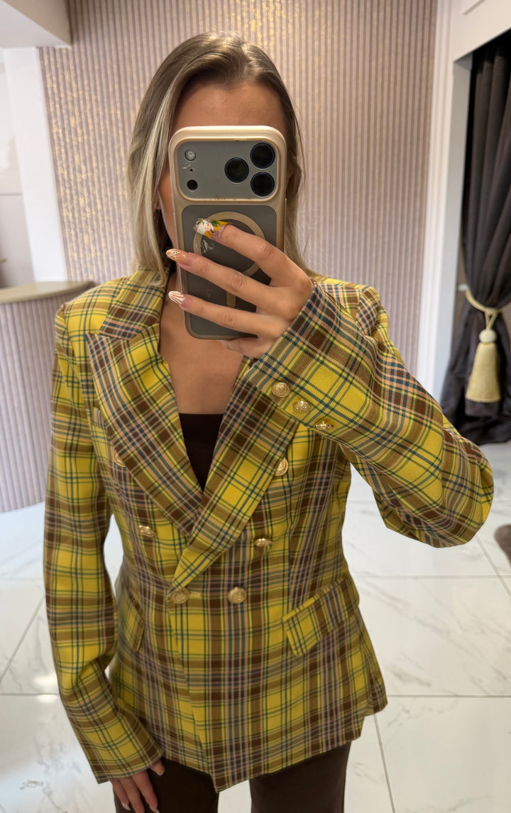 Iona Check Double Breasted Blazer With Gold Buttons