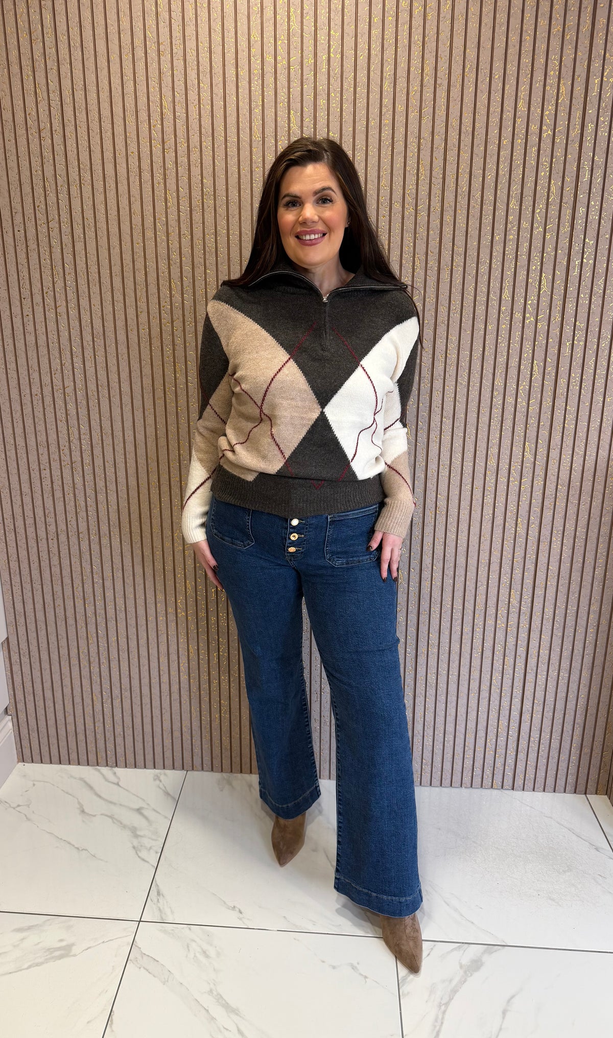 Annie Argyle Zip Up Knit Jumper