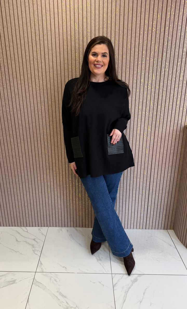 Blossom Black PU Textured Pocket Jumper