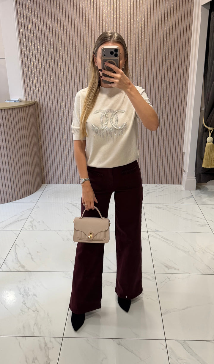 Chantelle Cream Pearl &amp; Crystal Knit Top