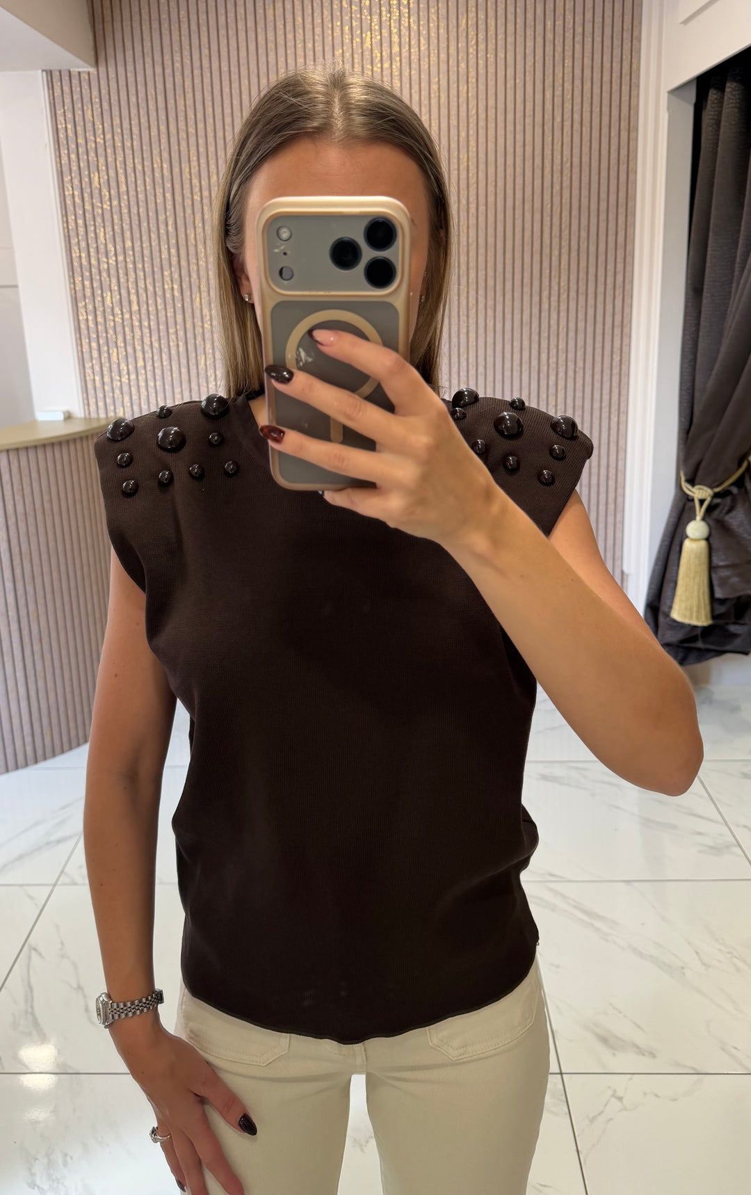 Gabriella Chocolate Stud Detail  Knit Top