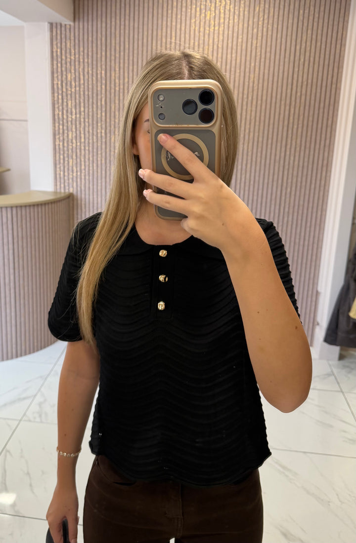 Callie Black Scallop Fine Knit Button Top