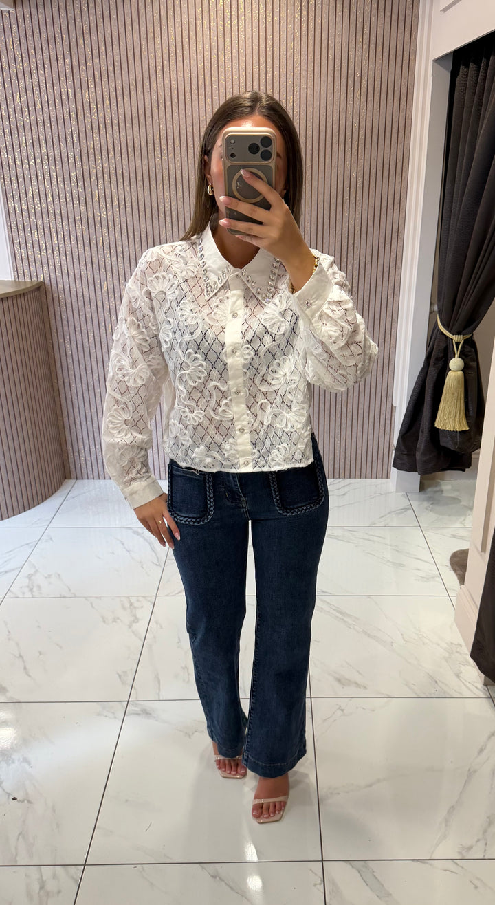 Dion White Crystal Embellished Blouse