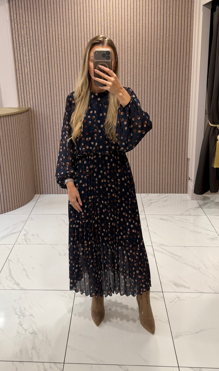 Millie Navy Polka Dot &amp; Pleated Dress