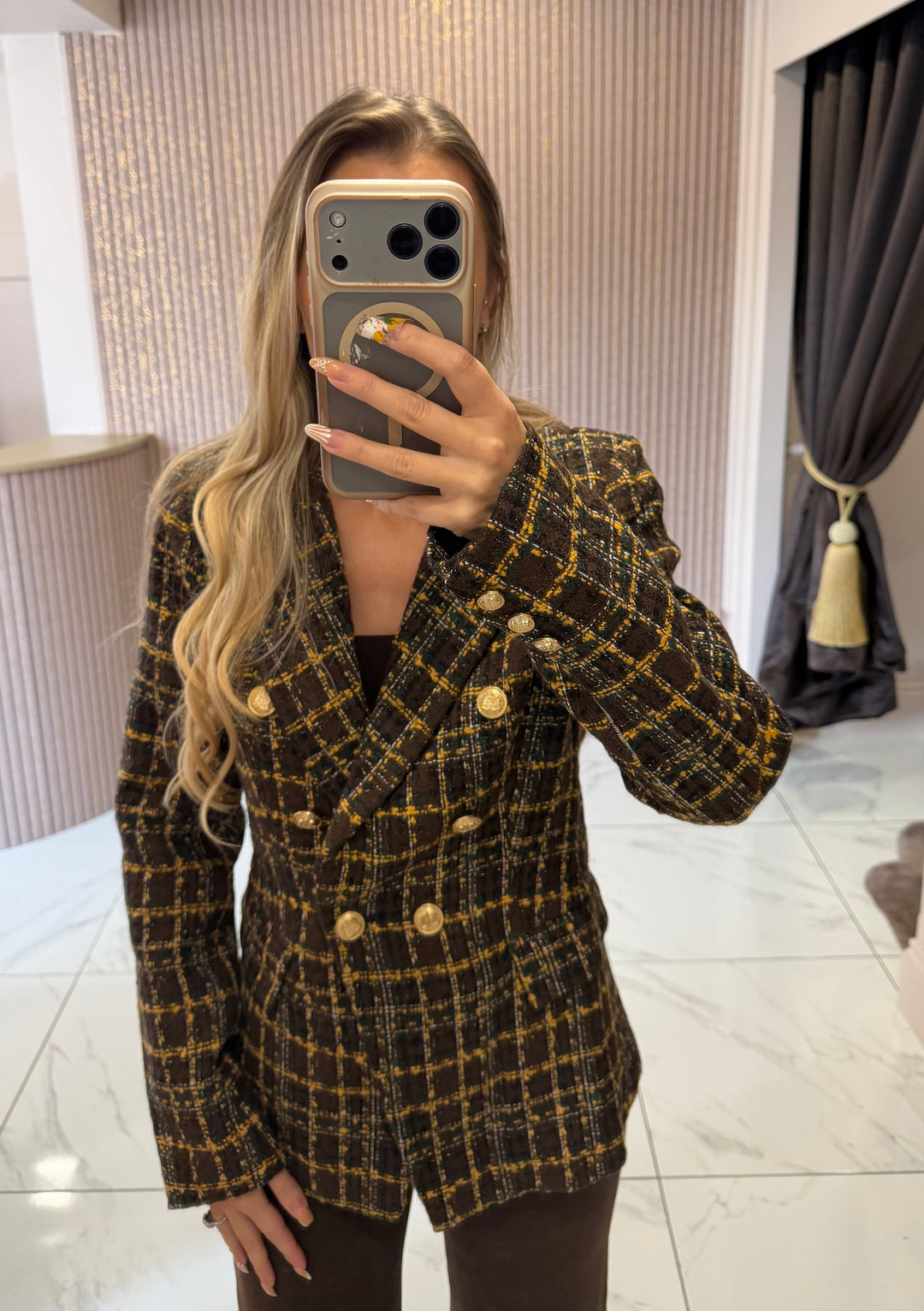 Carla Brown &amp; Gold Tweed Blazer With Gold Buttons