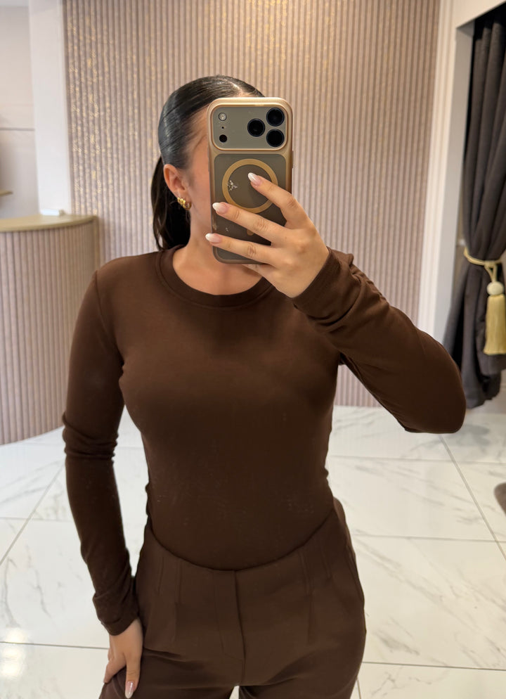 Trixie Chocolate Round Neck Cotton Long Sleeve Top
