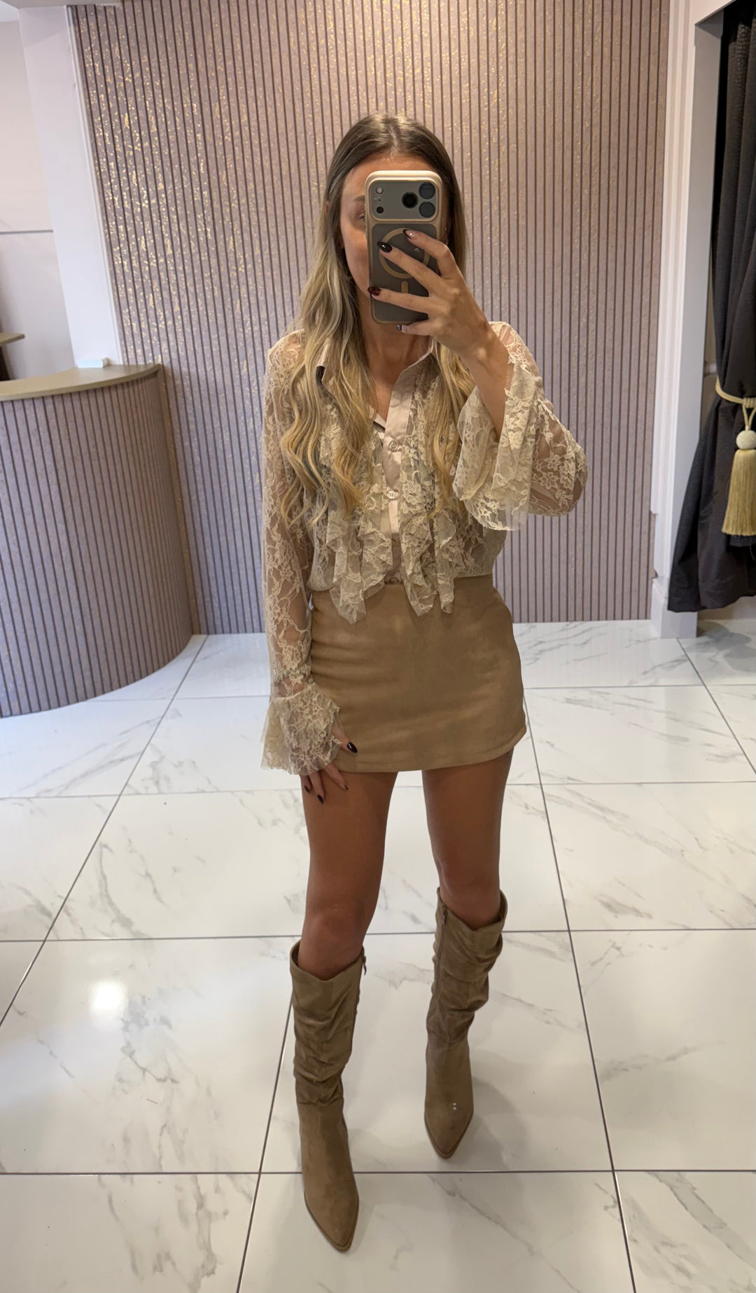 Luna Beige Faux Suede Skort