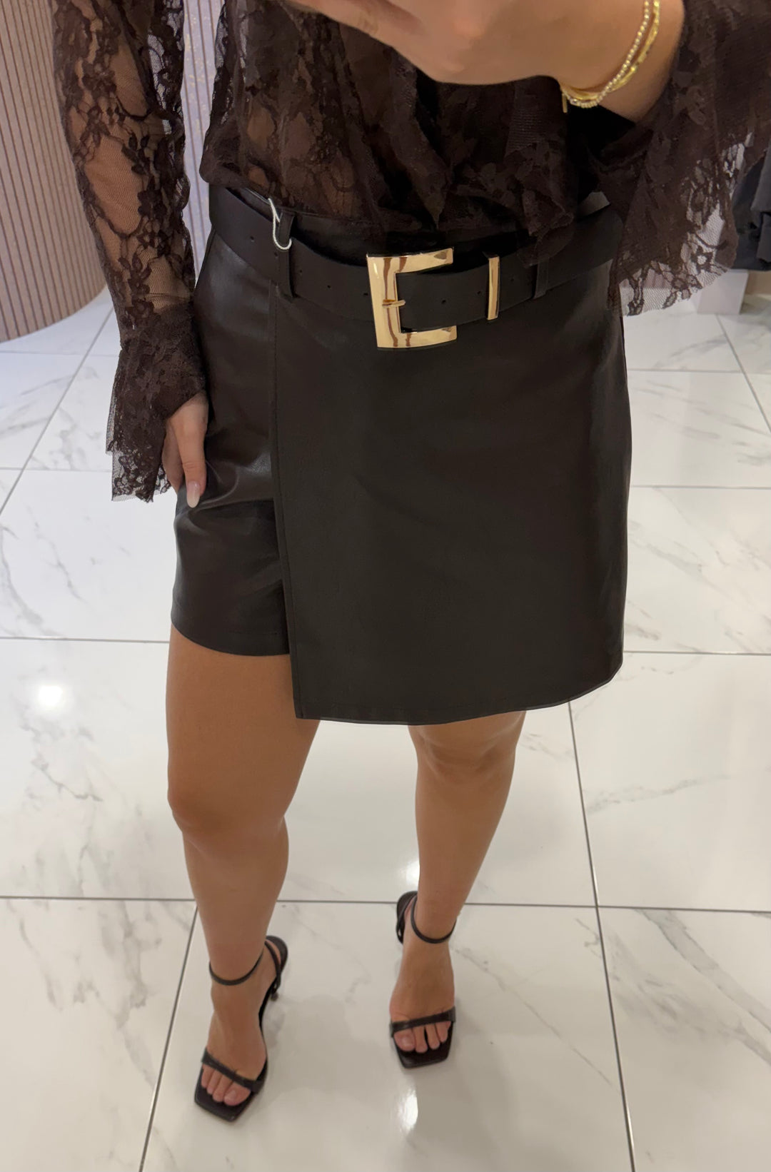 Sienna Chocolate Faux Leather Belted Skort