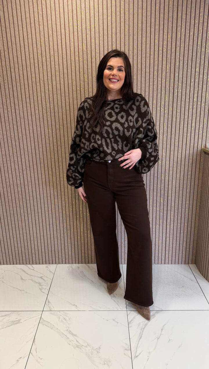 Leana Chocolate Leopard Print Balloon Sleeve Jumper