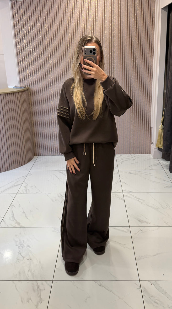 Mona Chocolate Sweater Top &amp; Wide Leg Trouser Set