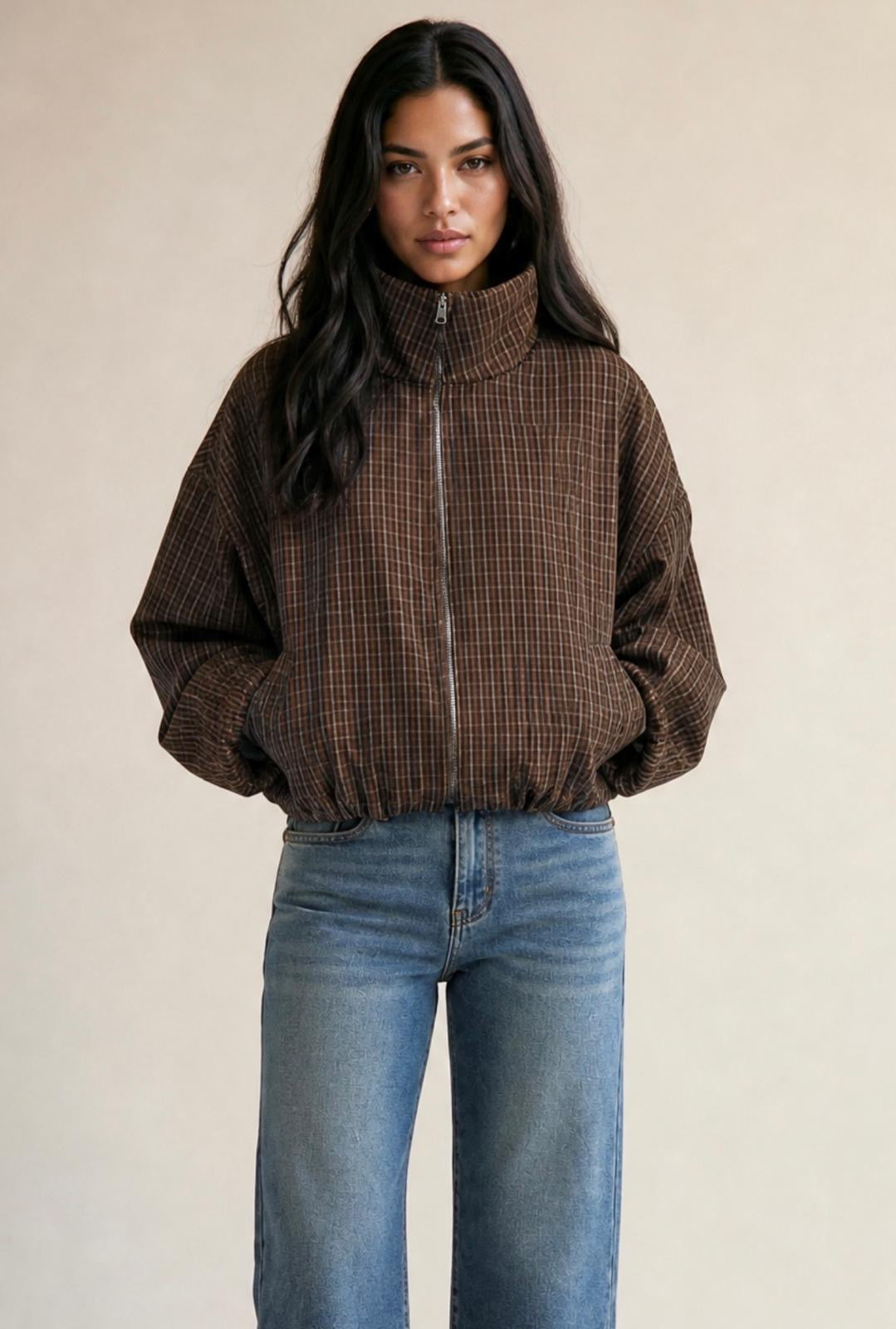 Darcy Chocolate Fine Check Bomber Jacket
