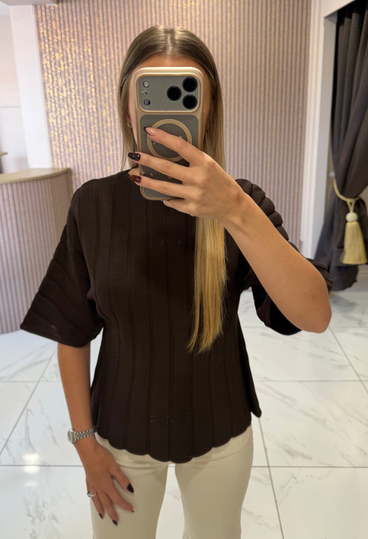 Maisie Chocolate Rib Knit Peplum Hem Top