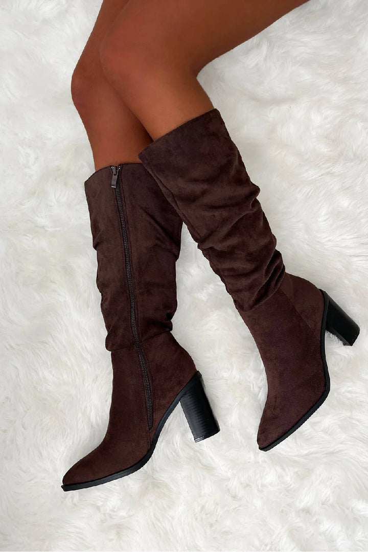 Cassie Dark Brown Suede Slouch Knee High Boots