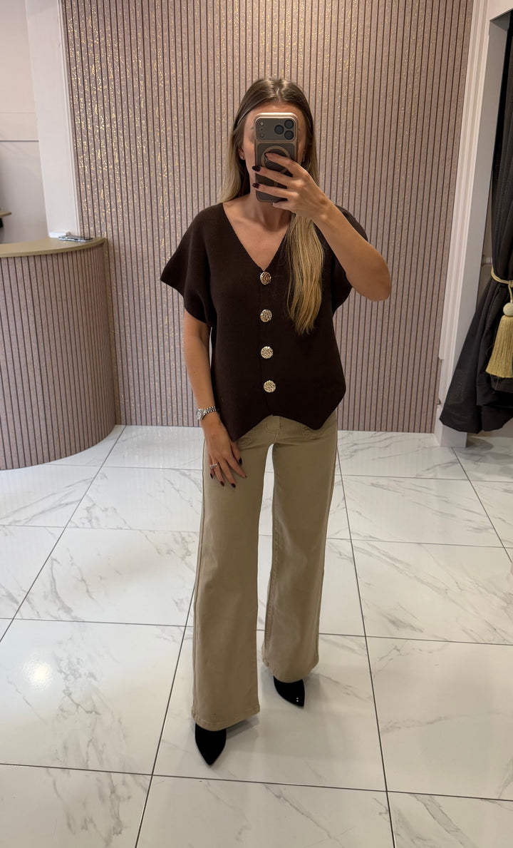Scarlett Chocolate Gold Button Knit Top