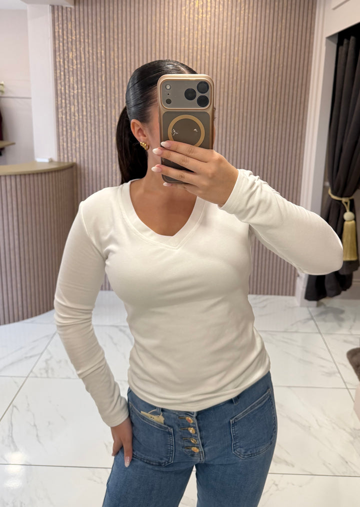 Lottie White V Neck Cotton Long Sleeve Top