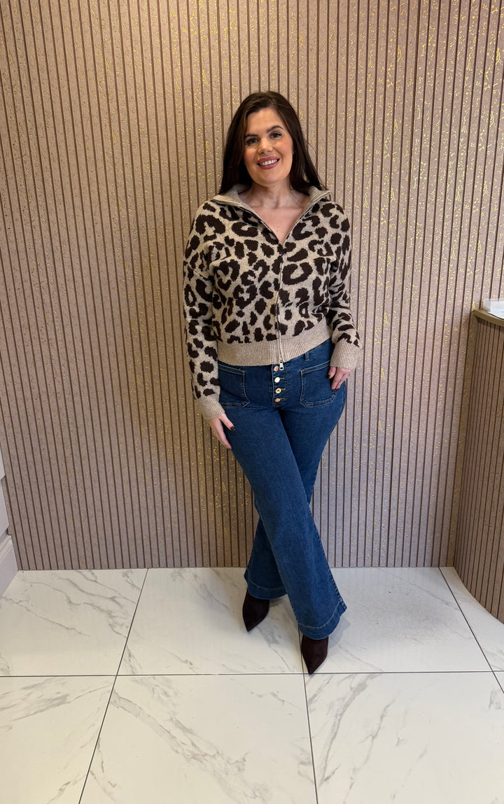 Aurora Taupe Leopard Print Zip Up Cardigan