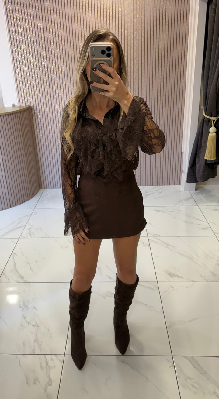 Luna Chocolate Faux Suede Skort
