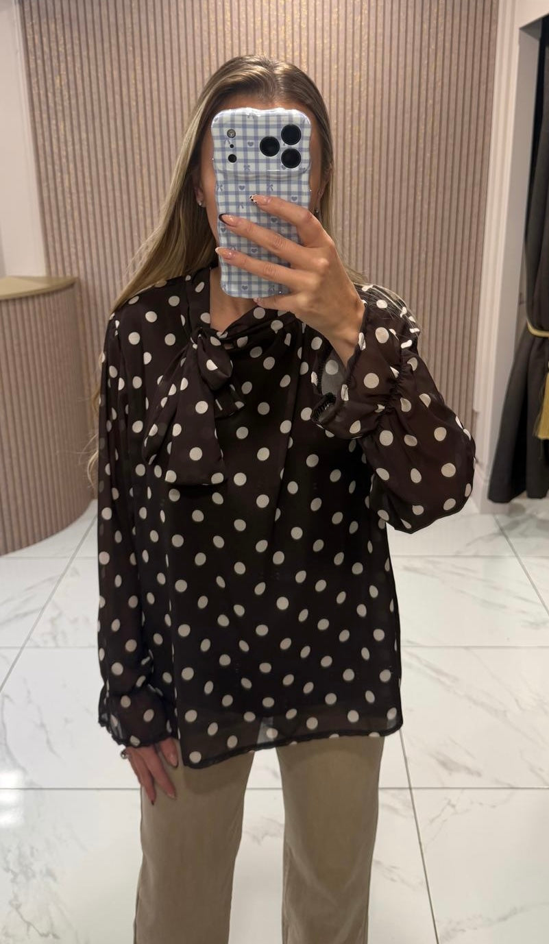 Kelby Chocolate Polka Dot Bow Blouse