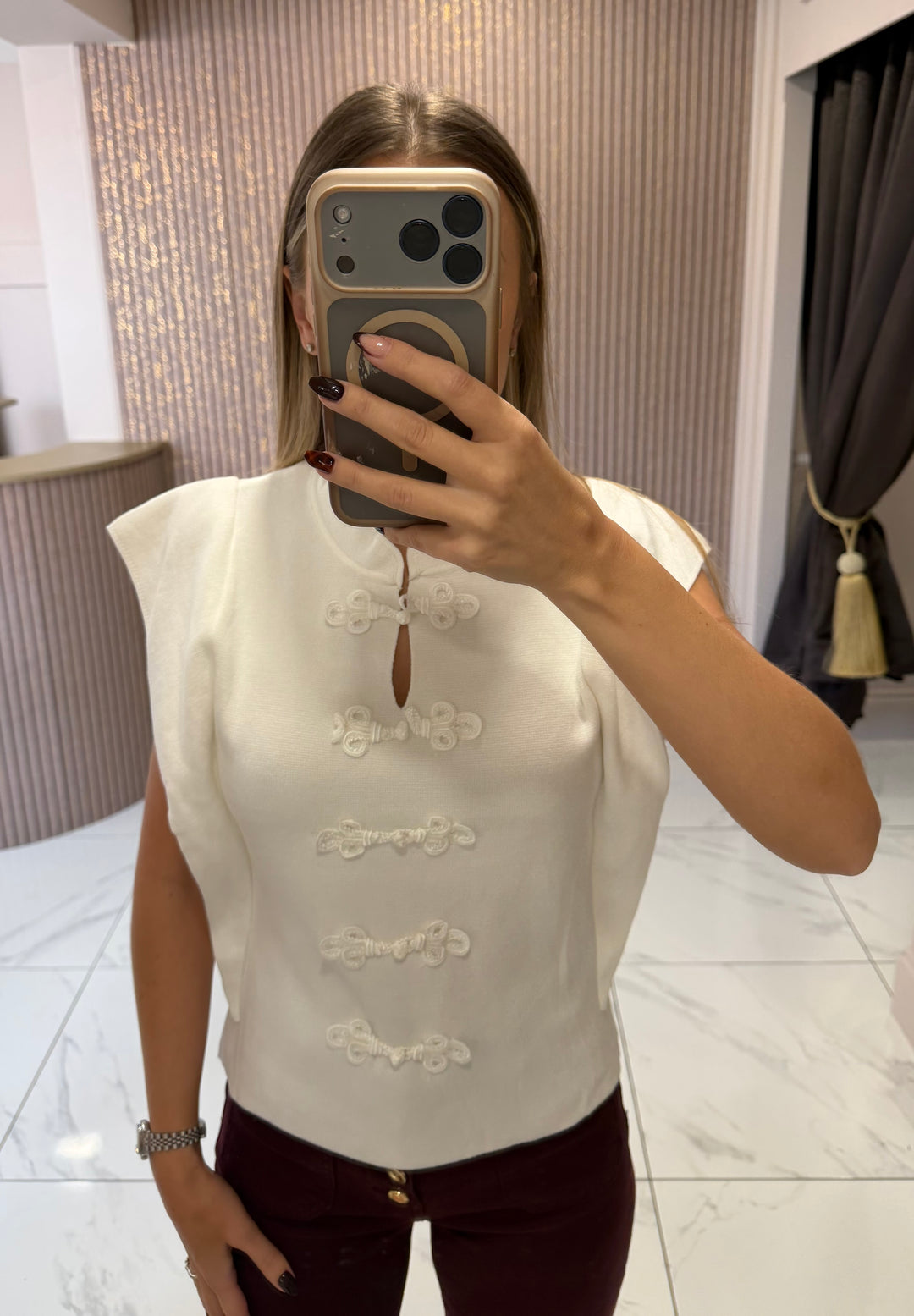 Lois White Fine Knit Button Top