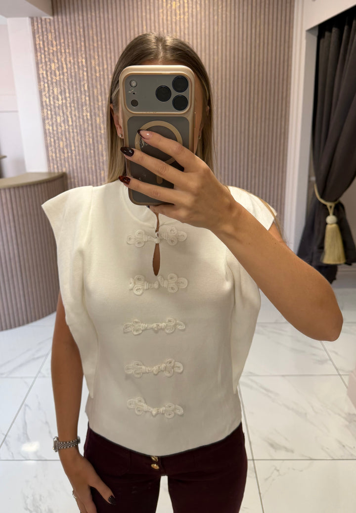 Lois White Fine Knit Button Top