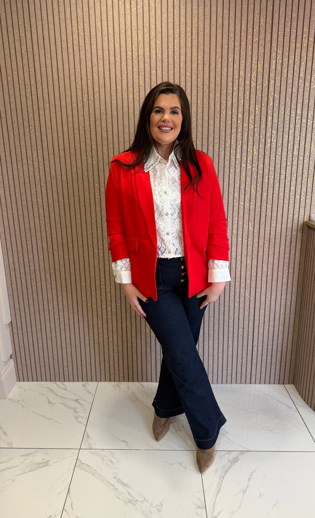 Greta Red Ruched Sleeve Blazer