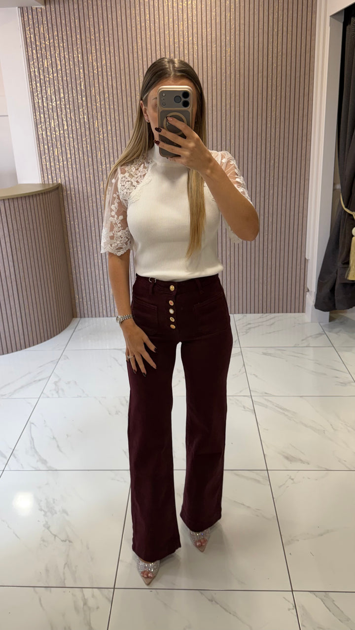 Freya Cream Fine Knit Lace Sleeve Top