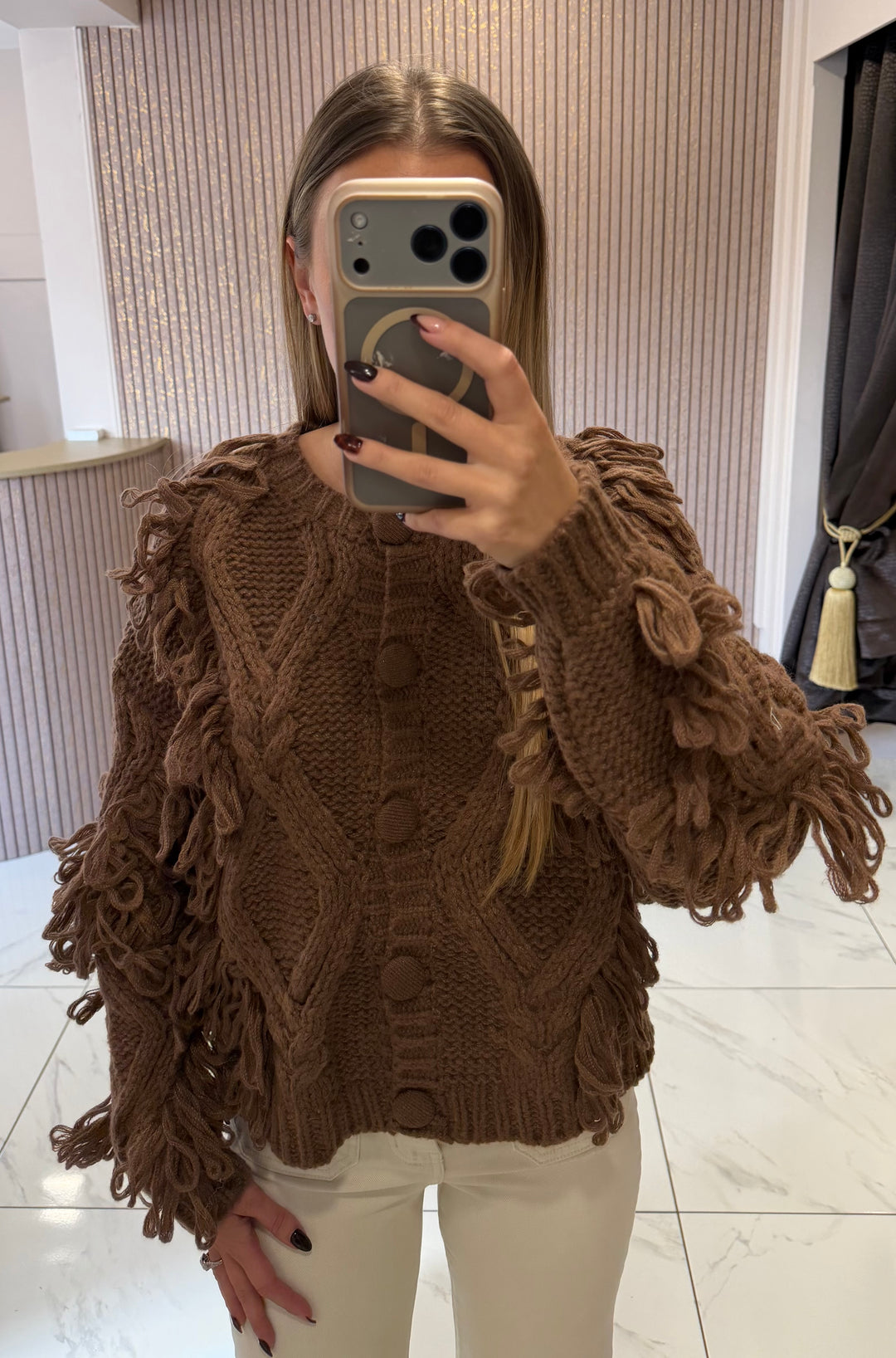 Julia Chocolate Chunky Cable Knit Loopy Jumper/Cardigan