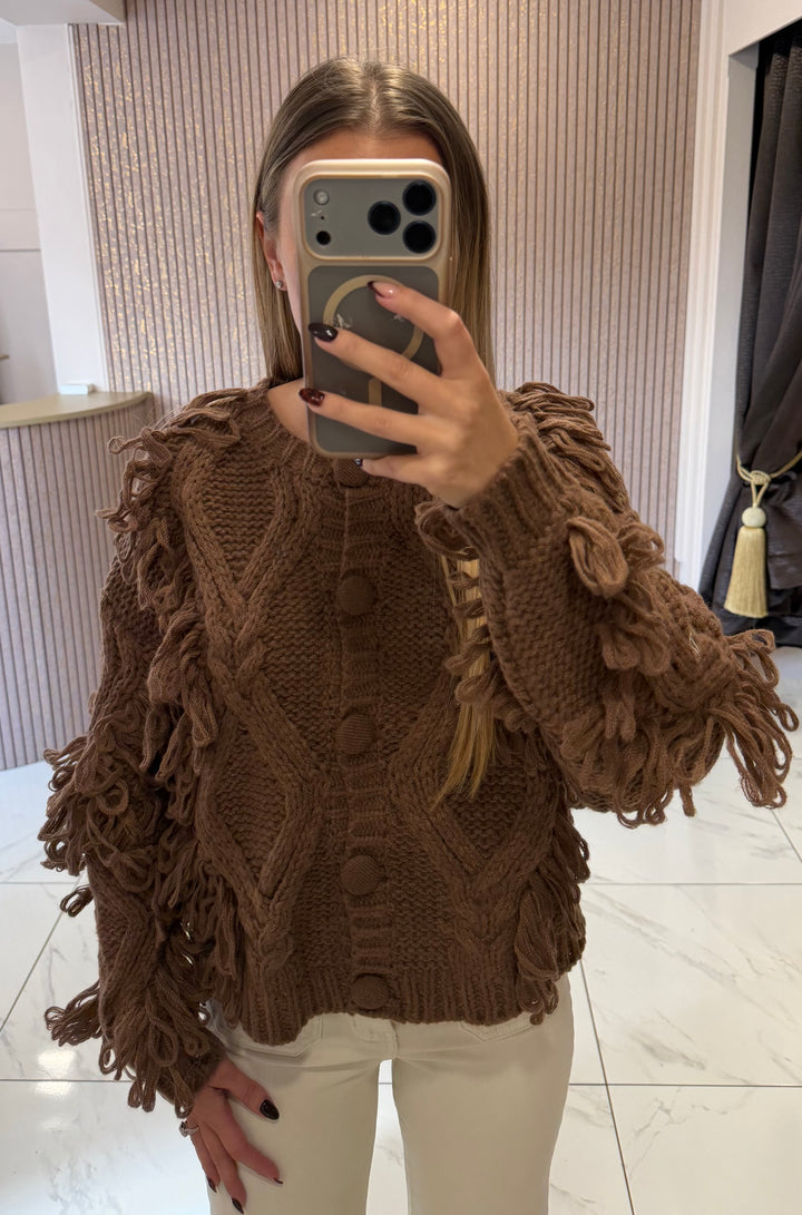 Julia Chocolate Chunky Cable Knit Loopy Jumper/Cardigan
