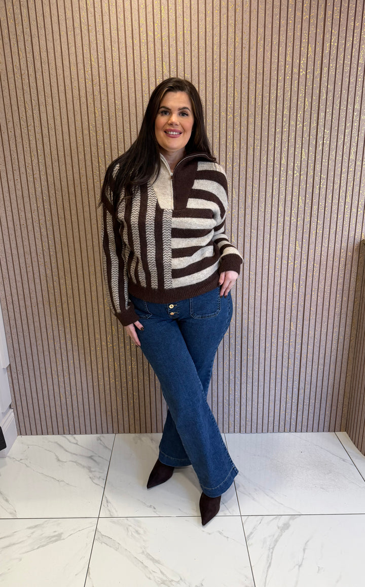 Daisy Chocolate &amp; Cream Striped 1/4 Zip Knit Jumper