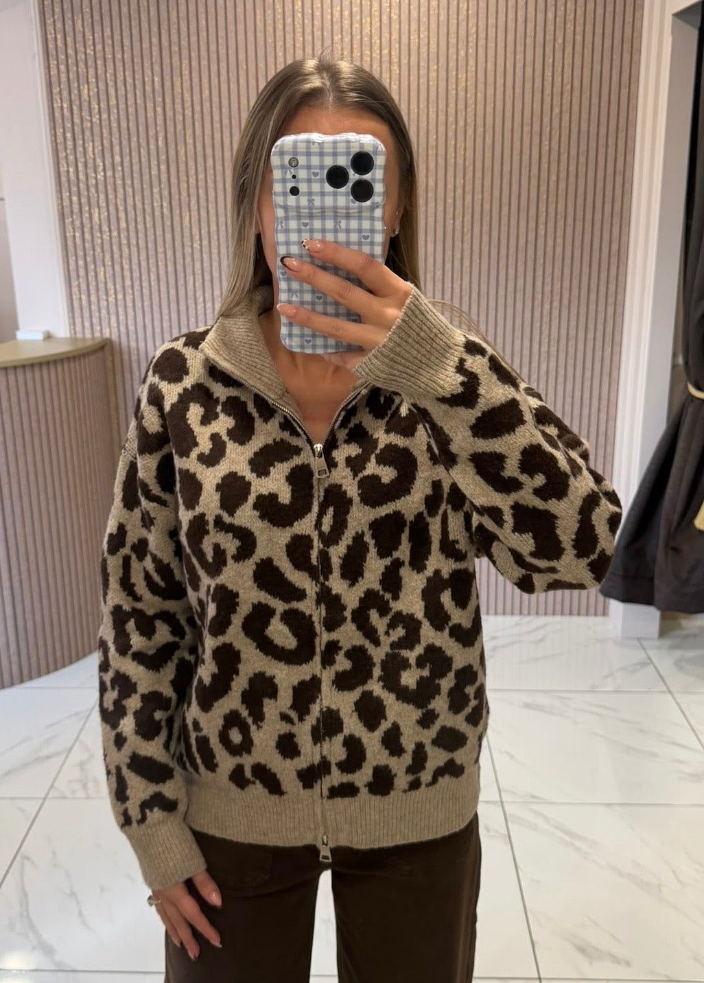 Aurora Taupe Leopard Print Zip Up Cardigan