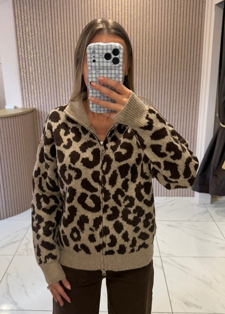 Aurora Taupe Leopard Print Zip Up Cardigan