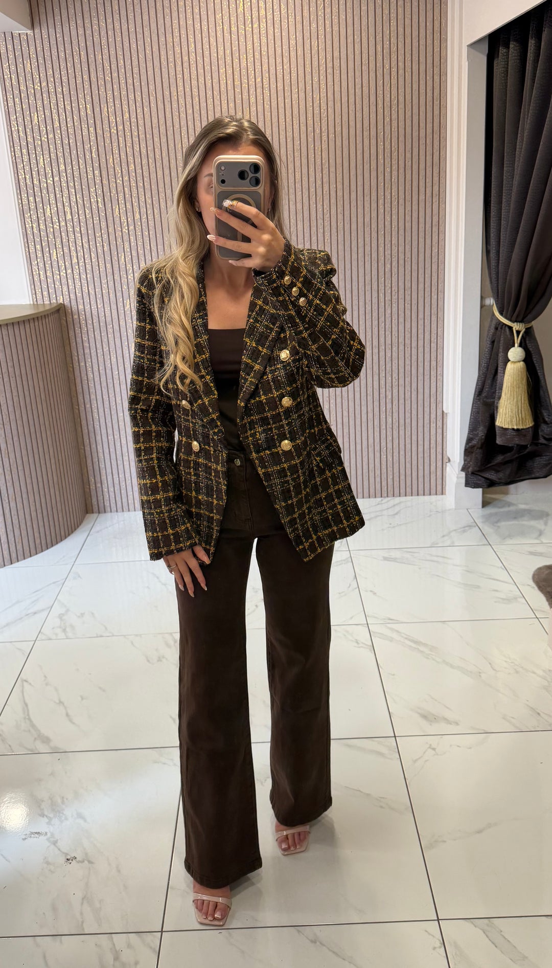 Carla Brown &amp; Gold Tweed Blazer With Gold Buttons