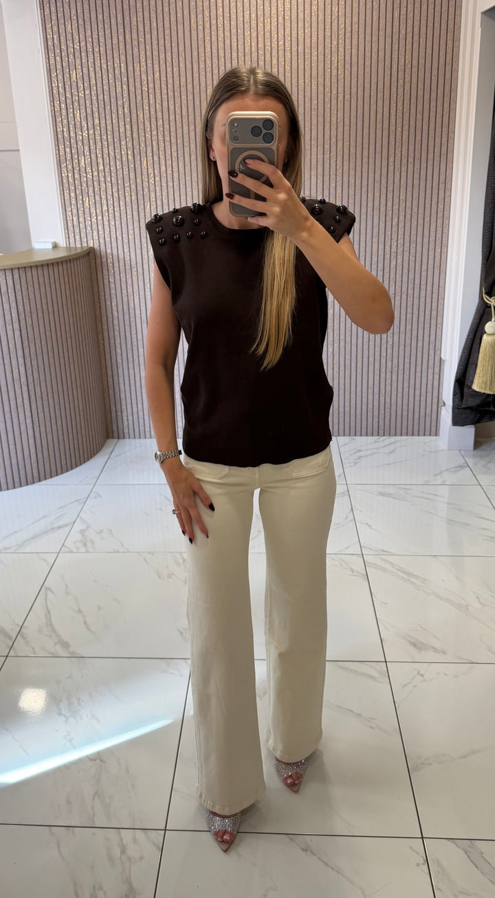 Gabriella Chocolate Stud Detail  Knit Top